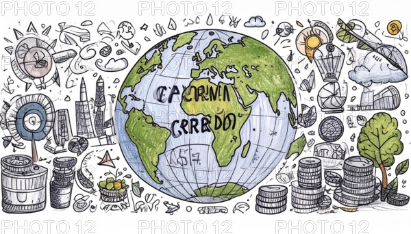 Green earth globe with silver coin stack symbolizing global finance economy and sustainable growth, abstract geometric vector illustration, wallpaper template background, AI generated