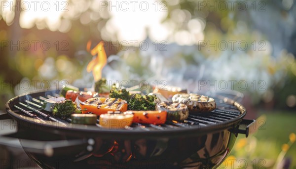 Cooking vegetables on grill outdoors, healthy lifestyle with healthy food, close up of grill with blurred background, soft golden light, picnic in the green park or garden, no people, AI generated