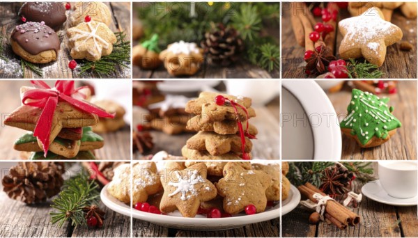 Collage of Christmas cookies and sweets, variation of sweet desserts, lots of unhealthy calories, soft golden light, festive wallpaper background, AI generated