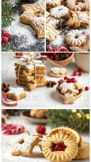 Collage of Christmas cookies and sweets, variation of sweet desserts, lots of unhealthy calories, soft golden light, festive wallpaper background, AI generated