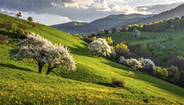 Spring blooming landscape, trees in the foreground, green hills covered with blooming flowers, clear blue sky at sunset, vacation and holiday concept, beauty of nature, AI generated
