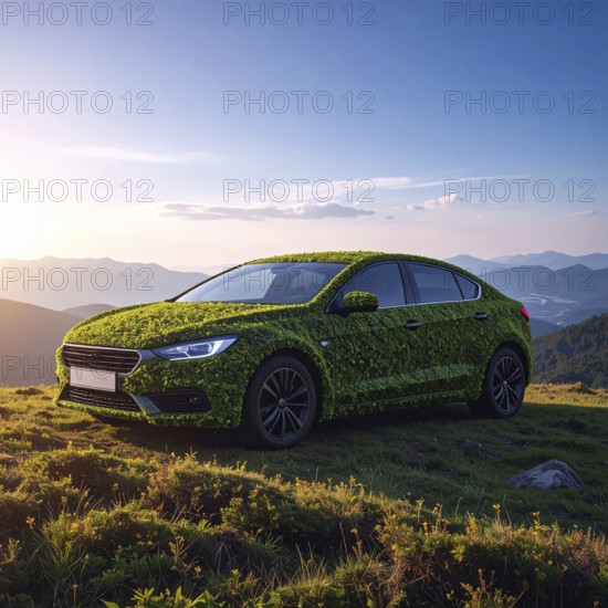 Car formed by green leaves and branches. Sustainable Car technology, ecology concept in harmony with nature, abstract wallpaper illustration, AI generated