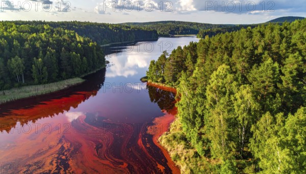 Red algae plant on the lake. abstract ecology nature concept, wild landscape with vibrant red colored water and green forest on a sunny day in summer, Aerial view, wilderness nature with no people around, AI generated