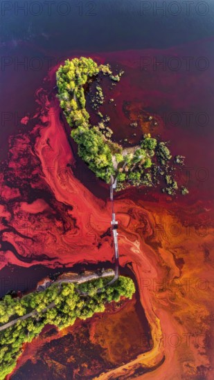 Red algae plant on the lake. abstract ecology nature concept, wild landscape with vibrant red colored water and green forest on a sunny day in summer, Aerial view, wilderness nature with no people around, AI generated