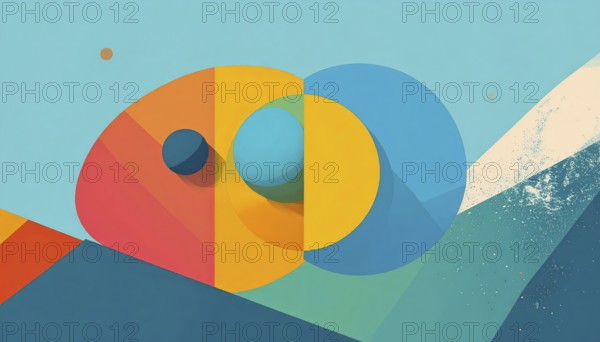 Vector art illustration, spheres, rectangles, triangles and geometric pattern, vector wallpaper illustration, textured background in vibrant colors, abstract drawing, simple artwork design for template or banner, AI generated