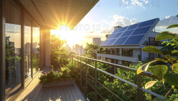 Sunlight Glinting Off Solar Panels on Contemporary Apartment Balcony, energy solution, concept of sustainable energy and environment protection, AI generated