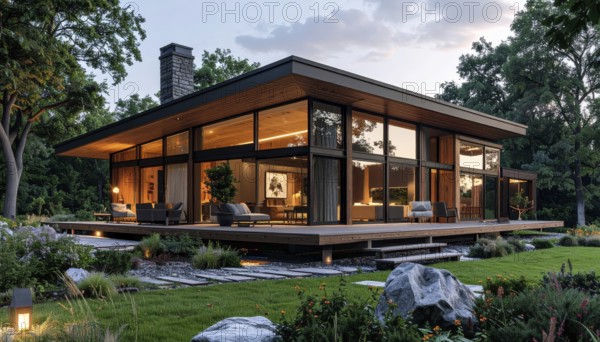 Modern Extension on a Traditional Cottage with Glass and Wood Architecture, green garden with plants and trees in the wilderness, evening soft twilight, on a clear sky, lights insight, AI generated
