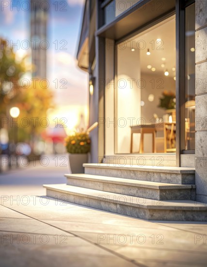 Modern building entrance with stairs, glass facade, and plants in warm evening light, empty storefront entrance with a gently stairs access, modern building with glass facade, blurred background, soft sunlight at evening, no people, AI generated