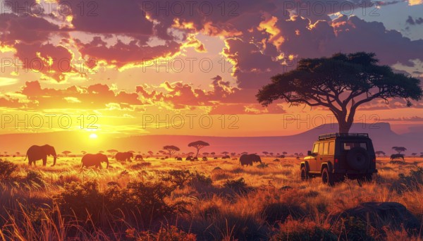 African savannah sunrise with a jeep safari and elephants, AI generated