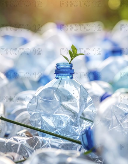 Crushed plastic water bottle waste in a wild landscape, symbol for nature protection, waste avoidance, recycling and ecology concepts on earth environment, AI generated
