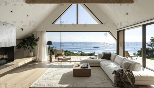 Peaceful A-frame cabin interior with ocean views, real estate lifestyle and travel destination, Comfortable minimalist sanctuary embraced by natural beauty and stunning coastal scenery, clear blue sky, AI generated