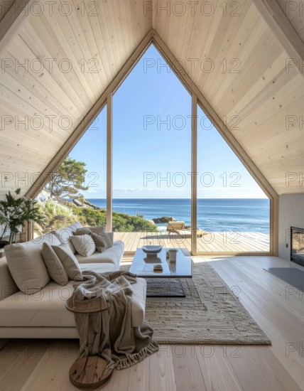 Peaceful A-frame cabin interior with ocean views, real estate lifestyle and travel destination, Comfortable minimalist sanctuary embraced by natural beauty and stunning coastal scenery, clear blue sky, AI generated