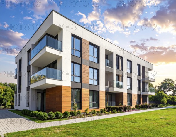 New modern block of flat, condo architecture, Residential apartment as a flat, luxury house complex, City real estate property, green garden plants in front, clear blue sky with golden evening light, AI generated