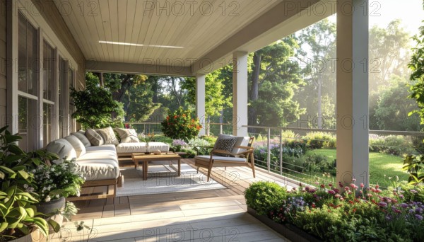 An eco-friendly porch designed for sustainable living in an environmentally-conscious home, lush greenery, landscape bathed in warm sunlight, AI generated