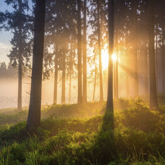 Sunlight streaming through a dense, misty forest, Fog covered forest in summer with mystic golden sunlight, spring morning landscape, backlight sunshine with sunbeams, AI generated