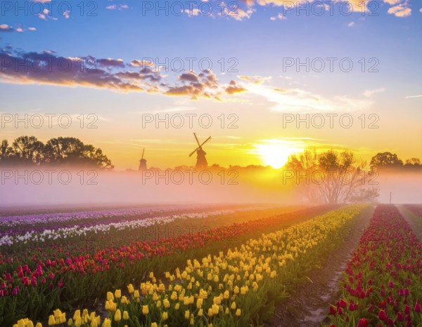 Fog covered landscape in sunrise with tulip fields and windmill in background, AI generated