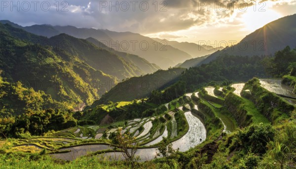 Early morning light bathes Philippines rice terraces cascading down mountain slopes, beautiful golden light, AI generated