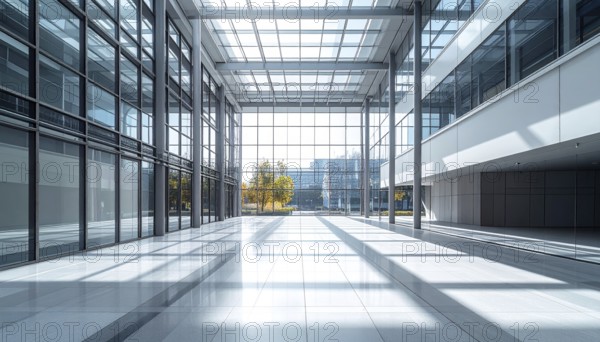 Modern architectural framework with glass and steel structure, glass facade with a greed of steel arrows, blue sky with a soft golden light of a sunrise, AI generated