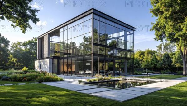 Modern architectural framework with glass and steel structure, glass facade with a greed of steel arrows, blue sky with a soft golden light of a sunrise, AI generated