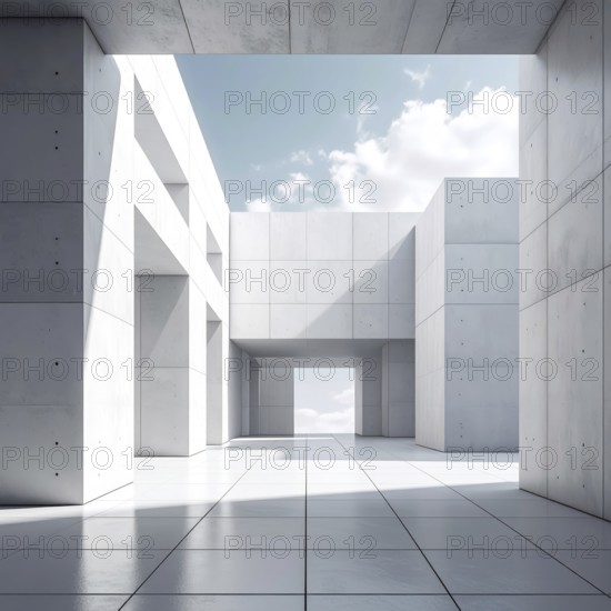 3d illustration of abstract modern architecture background, Minimal geometry architectural design, futuristic car presentation backdrop with empty concrete floor and clear simple lines, white and grey color tones, AI generated