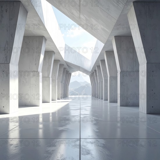 3d illustration of abstract modern architecture background, Minimal geometry architectural design, futuristic car presentation backdrop with empty concrete floor and clear simple lines, white and grey color tones, AI generated