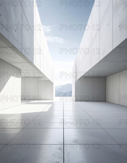 3d illustration of abstract modern architecture background, Minimal geometry architectural design, futuristic car presentation backdrop with empty concrete floor and clear simple lines, white and grey color tones, AI generated