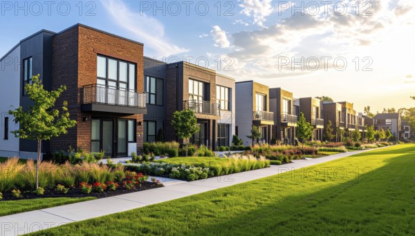 Modern apartment building with balconies and well-kept landscaping at sunset, Modern multifamily housing property with brick, siding facade features balconies, manicured lawns. Contemporary residential buildings offer urban living spaces, condominium options in scenic town, blue sky with a colorful sunrise, AI gererated, AI generated