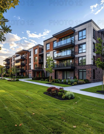 Modern apartment building with balconies and well-kept landscaping at sunset, Modern multifamily housing property with brick, siding facade features balconies, manicured lawns. Contemporary residential buildings offer urban living spaces, condominium options in scenic town, blue sky with a colorful sunrise, AI gererated, AI generated