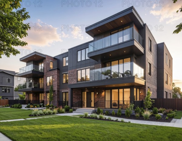 Modern apartment building with balconies and well-kept landscaping at sunset, Modern multifamily housing property with brick, siding facade features balconies, manicured lawns. Contemporary residential buildings offer urban living spaces, condominium options in scenic town, blue sky with a colorful sunrise, AI gererated, AI generated