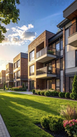Modern apartment building with balconies and well-kept landscaping at sunset, Modern multifamily housing property with brick, siding facade features balconies, manicured lawns. Contemporary residential buildings offer urban living spaces, condominium options in scenic town, blue sky with a colorful sunrise, AI gererated, AI generated