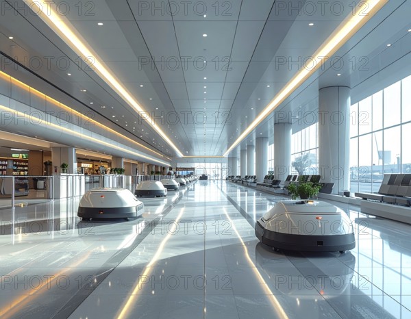 Autonomous cleaning roboter at modern airport terminal, showcasing advanced technology, daylight in the hall, the future of autonomous cleaning industry, AI generated