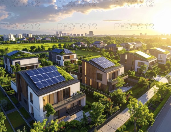 Aerial view showcases modern houses with solar panels and green roofs in a suburban setting, vibrant sunrise with blue sky, AI generated