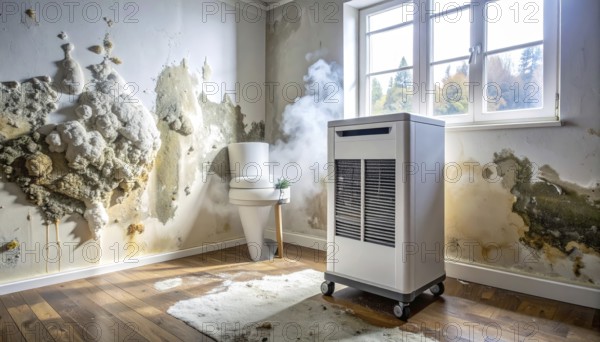A specialized dehumidifier operates in a mold-infested room following water damage, Shell construction at construction site, AI generated