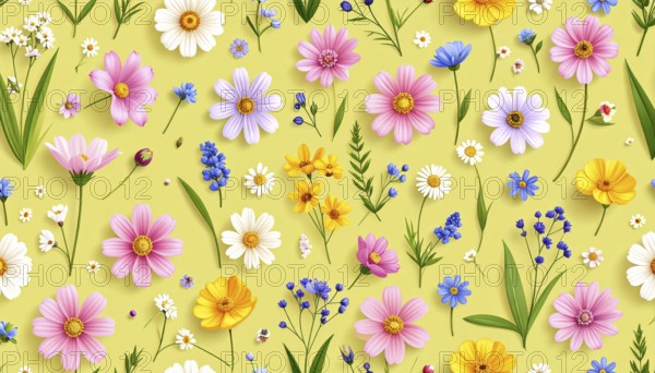 Vibrant wildflowers and grass create a colorful and joyful floral pattern, Variety of wild flowers, spring plant and grass seamless pattern, vibrant realistic vector illustration wallpaper, a spring natural colorful background as template or poster, AI generated