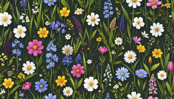Vibrant wildflowers and grass create a colorful and joyful floral pattern, Variety of wild flowers, spring plant and grass seamless pattern, vibrant realistic vector illustration wallpaper, a spring natural colorful background as template or poster, AI generated
