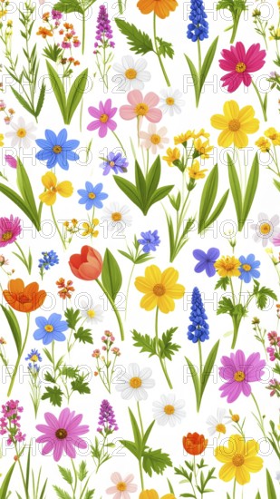 Vibrant wildflowers and grass create a colorful and joyful floral pattern, Variety of wild flowers, spring plant and grass seamless pattern, vibrant realistic vector illustration wallpaper, a spring natural colorful background as template or poster, AI generated