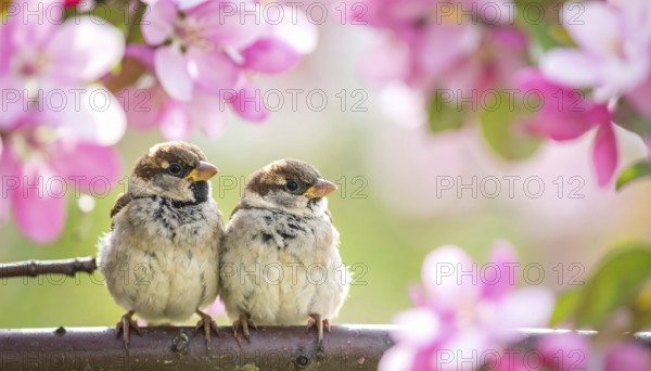 Small funny Sparrow Chicks sit in the garden surrounded by pink Apple blossoms on a Sunny may day, AI generated
