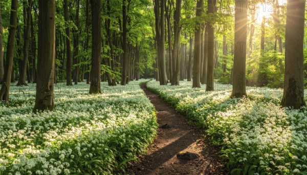 A tranquil forest path lined with white flowers, surrounded by tall trees and bathed in soft sunlight, Pathway through the forest with blooming wild garlic (Allium ursinum) sunny summer day, AI generated