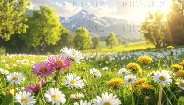 A sunny meadow with daisies in full bloom under bright sunlight, creating a vibrant and cheerful atmosphere, Blooming meadow with lots of white and pink spring daisy flowers and yellow dandelions, sunny day with blue clear sky, beautiful landscape in blurred background, fresh spring and summer nature concept, AI generated