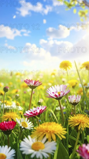 A sunny meadow with daisies in full bloom under bright sunlight, creating a vibrant and cheerful atmosphere, Blooming meadow with lots of white and pink spring daisy flowers and yellow dandelions, sunny day with blue clear sky, beautiful landscape in blurred background, fresh spring and summer nature concept, AI generated