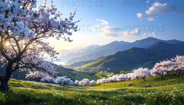 Landscape with a blooming apricot tree, idilyc spring nature, green grass and mountains in background, blue cloudy sky in sunset web banner spring time concept, AI generated