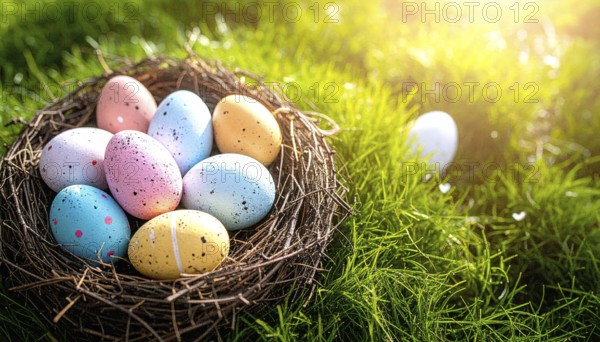 Nest with easter eggs in a basket on grass, sunny spring day, fresh beautiful landscape at daylight, soft focus for calm scenery, festive Easter decoration, wallpaper illustration banner, panorama, background, AI generated