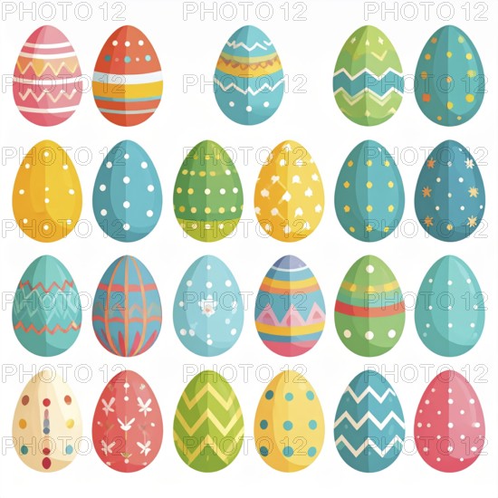 Set of easter eggs flat design on white background, abstract vector wallpaper illustration, banner for springtime, AI generated