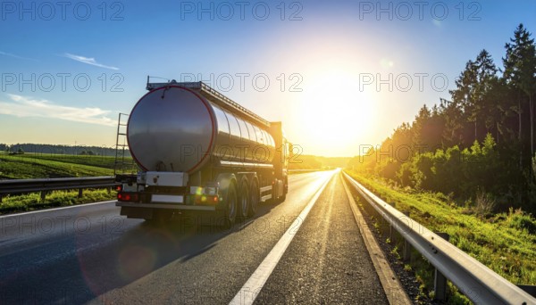 Petrol cargo truck lorry tanker driving on highway hauling oil products at sunrise, wide hilly landscape, AI generated