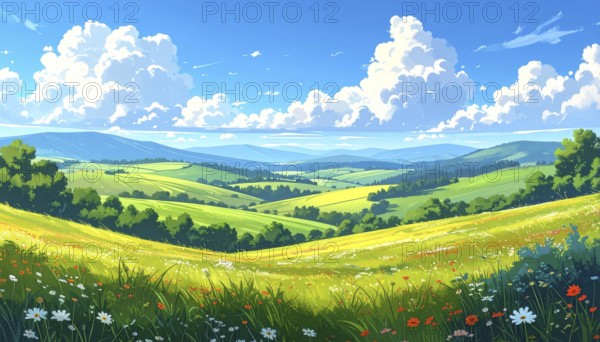 Fresh summer hilly Landscape with blooming Meadow, green plants, Blue Sky with cloudy sky, serene nature background, abstract vector illustration, AI generated