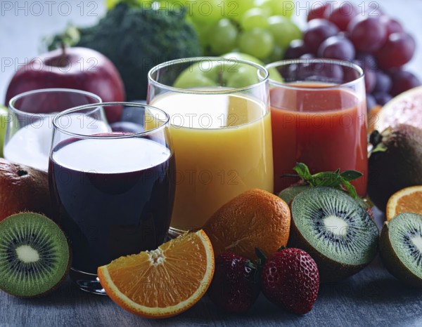 Fresh fruit juices in glasses, surrounded by colorful fruits, showcasing healthy drinking and eating, fitness and wellness lifestyle, AI generated