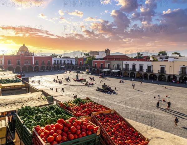 Traditional Mexican plaza with crates of peppers, onions, and tomatoes, economic prosperity in local trade, travel destination in America, AI generated