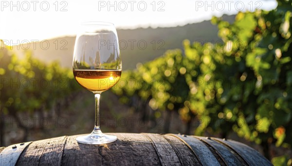 A glass of 10-year-old tawny wine placed on a barrel in a vineyard restaurant, vineyard landscape in blurred background, AI generated