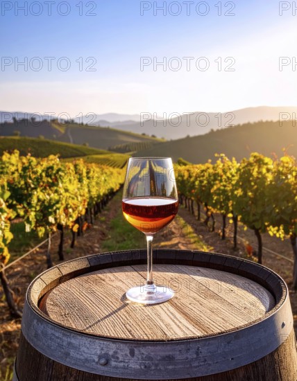 A glass of 10-year-old tawny wine placed on a barrel in a vineyard restaurant, vineyard landscape in blurred background, AI generated