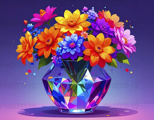 Crystal glass vase with vibrant blooming flowers, vibrant vector drawing illustration for fresh spring background, AI generated